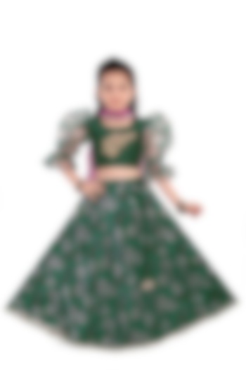 Bottle Green Silk Lehenga Set For Girls by Pragya exclusive at Pernia's Pop Up Shop