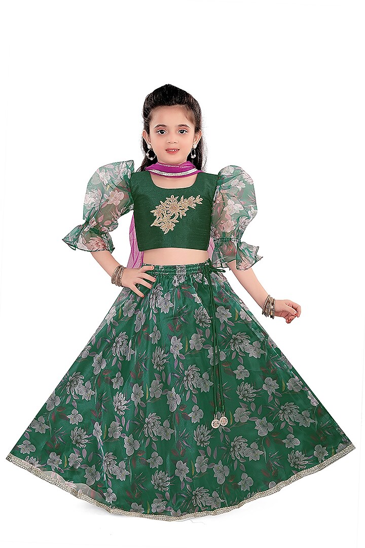 Bottle Green Silk Lehenga Set For Girls by Pragya exclusive at Pernia's Pop Up Shop