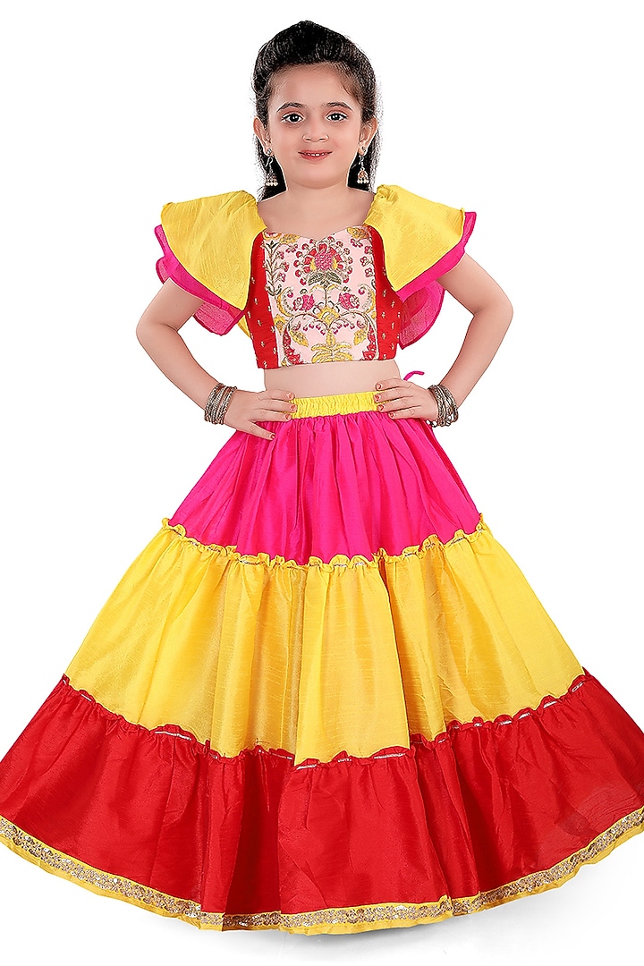 Multi-Colored Cotton Frilled Lehenga Set For Girls by Pragya exclusive at Pernia's Pop Up Shop