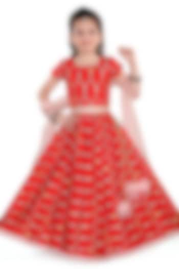 Red Viscose Thread Embroidered Lehenga Set For Girls by Pragya exclusive at Pernia's Pop Up Shop
