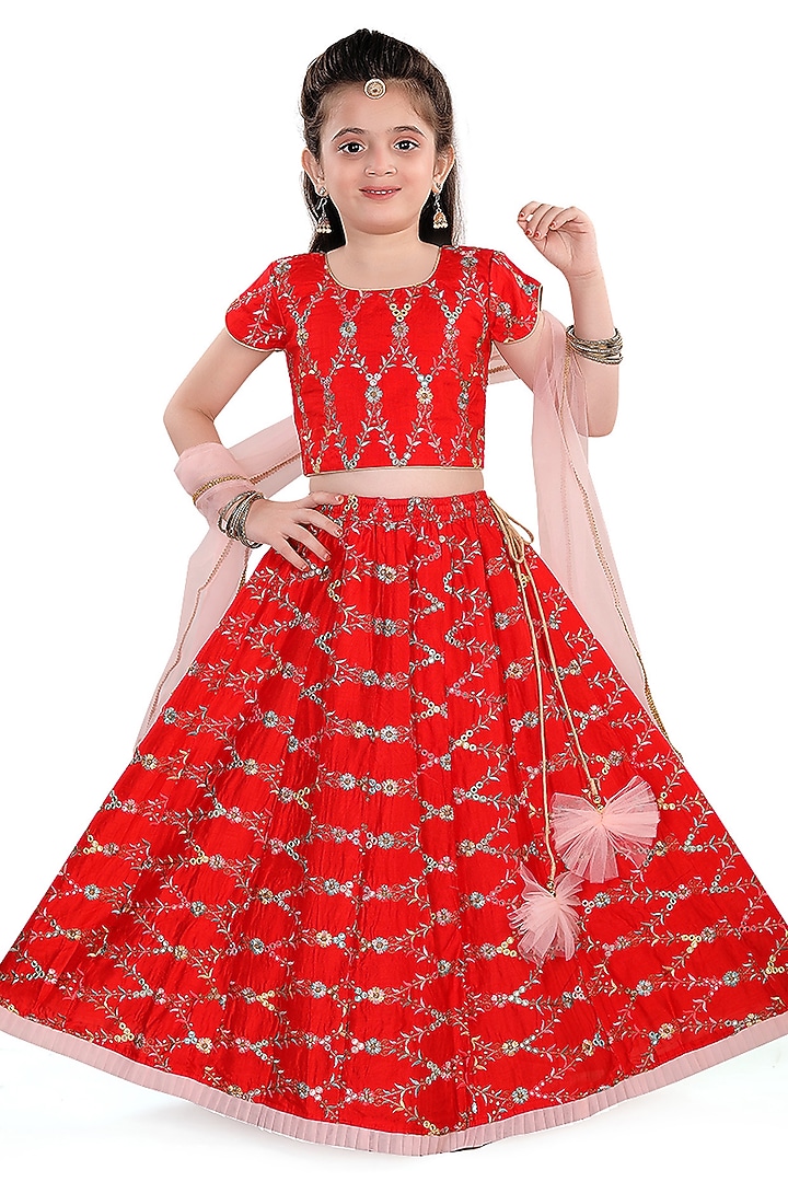 Red Viscose Thread Embroidered Lehenga Set For Girls by Pragya exclusive at Pernia's Pop Up Shop