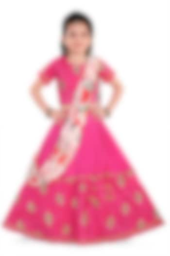Hot Pink Muslin Lehenga Set For Girls by Pragya exclusive at Pernia's Pop Up Shop