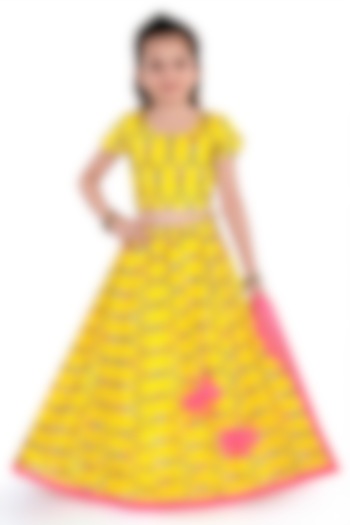 Yellow Viscose Thread Embroidered Lehenga Set For Girls by Pragya exclusive at Pernia's Pop Up Shop