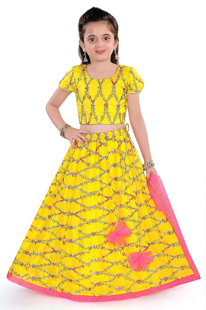 Yellow Viscose Thread Embroidered Lehenga Set For Girls by Pragya exclusive at Pernia's Pop Up Shop