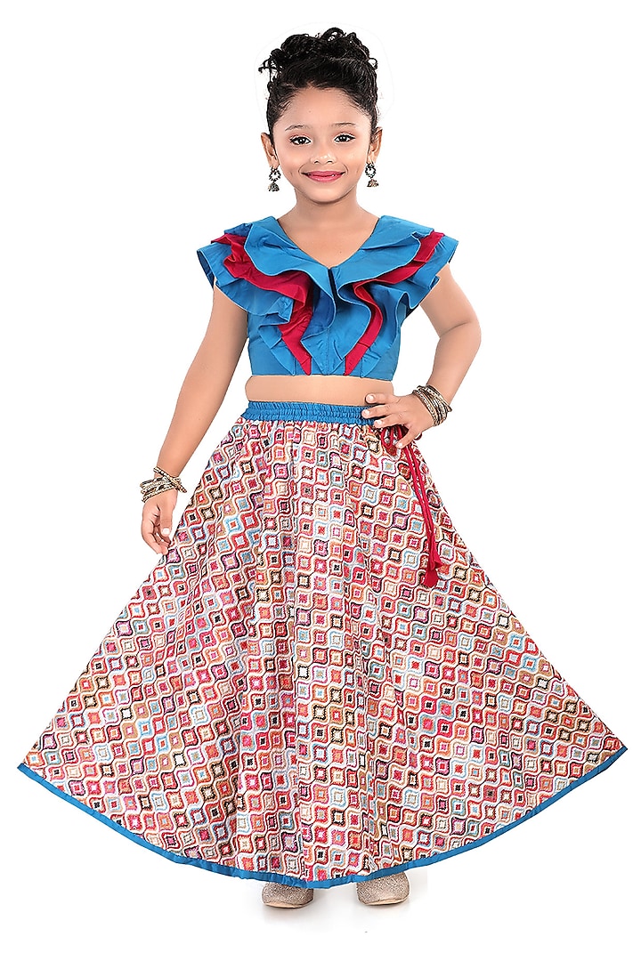Multi-Colored Cotton Thread Embroidered Flared Lehenga Set For Girls by Pragya exclusive at Pernia's Pop Up Shop