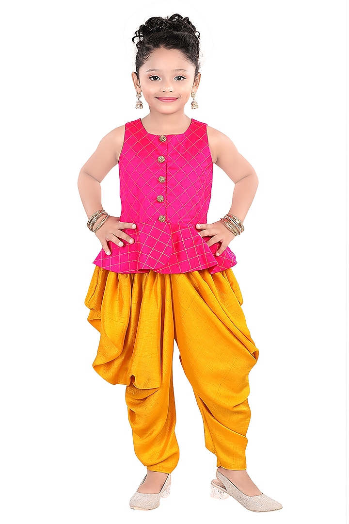 Pink Silk Dhoti Set For Girls by Pragya exclusive at Pernia's Pop Up Shop
