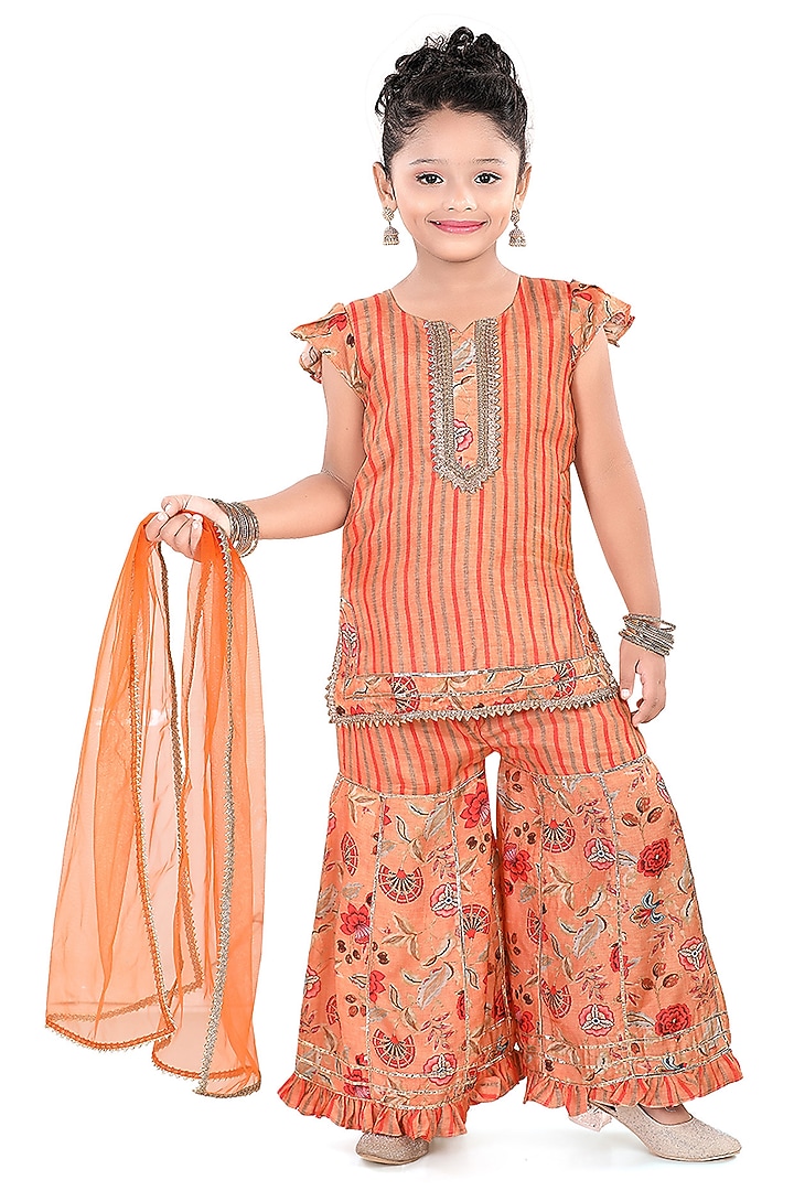 Orange Cotton Printed Sharara Set For Girls by Pragya exclusive at Pernia's Pop Up Shop