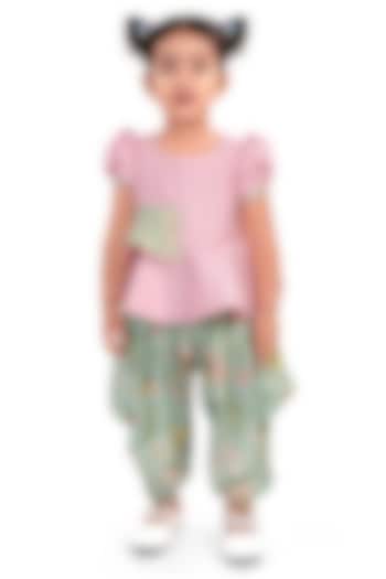 Pink Silk Floral Printed Dhoti Set For Girls by Pragya exclusive at Pernia's Pop Up Shop