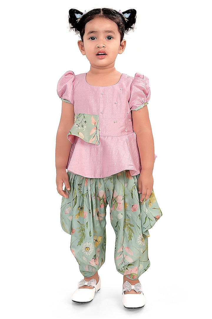 Pink Silk Floral Printed Dhoti Set For Girls by Pragya exclusive at Pernia's Pop Up Shop