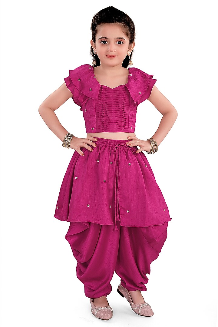 Maroon Silk Dhoti Set For Girls by Pragya exclusive at Pernia's Pop Up Shop