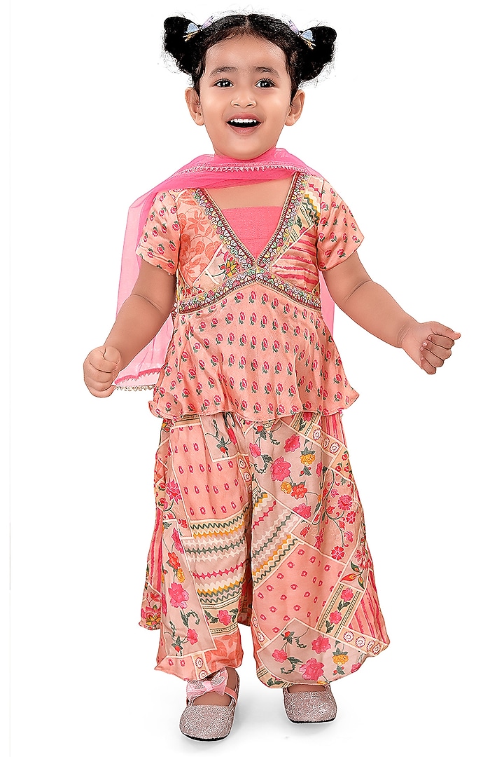 Peach Silk Printed Palazzo Pant Set For Girls by Pragya exclusive at Pernia's Pop Up Shop