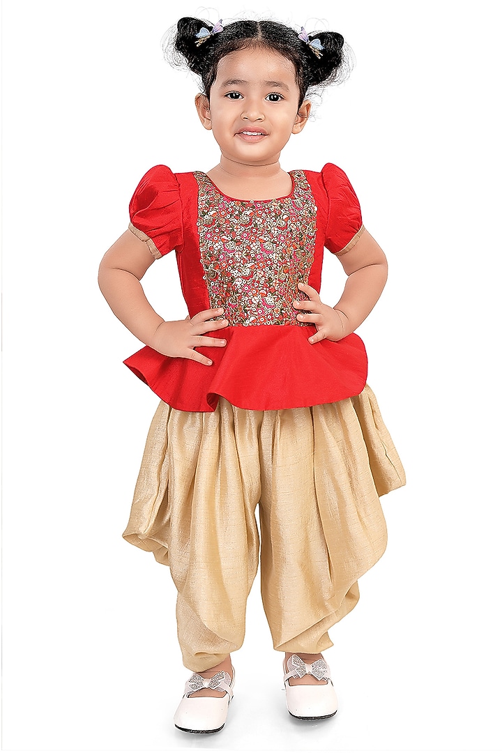 Red Silk Dhoti Set For Girls by Pragya exclusive at Pernia's Pop Up Shop