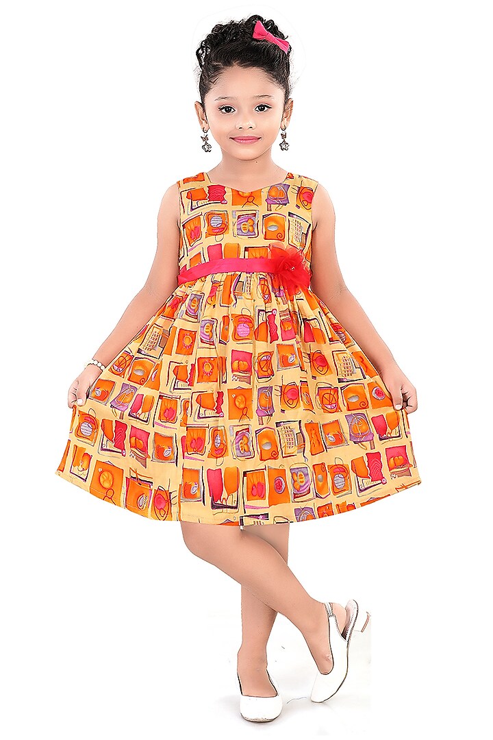 Yellow Cotton Printed Dress For Girls by Pragya exclusive at Pernia's Pop Up Shop