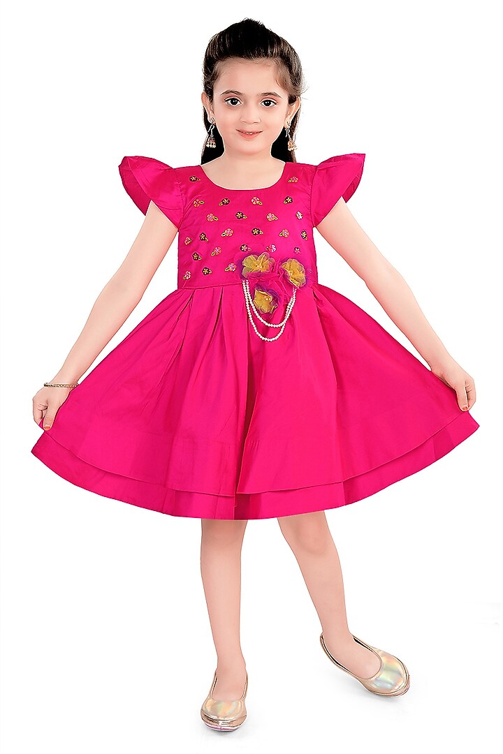Pink Silk Bead Embroidered Layered Dress For Girls by Pragya exclusive at Pernia's Pop Up Shop