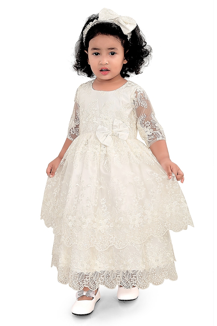 Off-White Crepe Sequins Embroidered Gown For Girls by Pragya exclusive at Pernia's Pop Up Shop