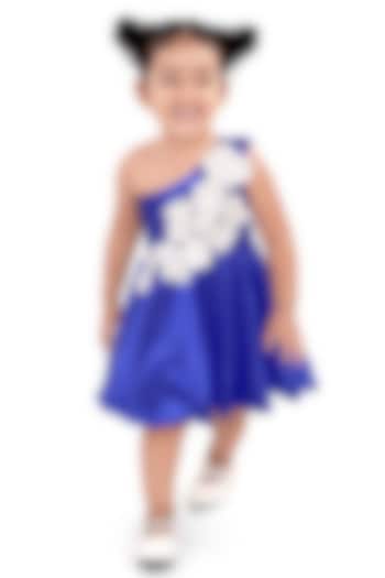 Blue Satin Floral Embroidered One-Shoulder Dress For Girls by Pragya exclusive at Pernia's Pop Up Shop