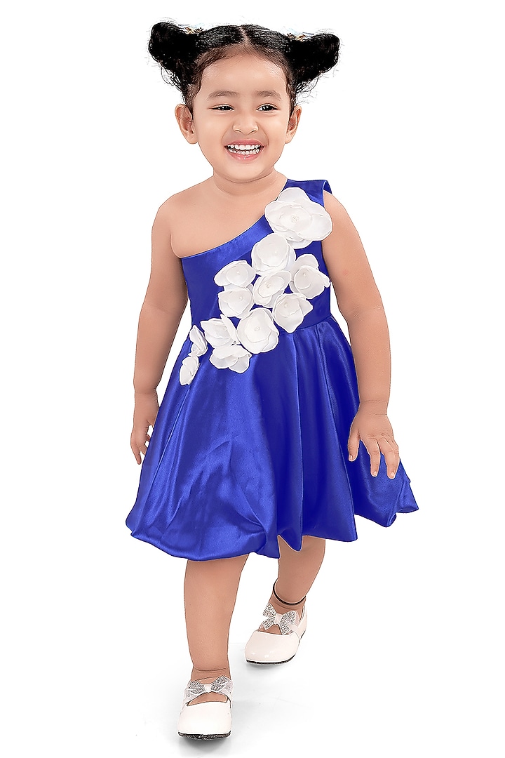Blue Satin Floral Embroidered One-Shoulder Dress For Girls by Pragya exclusive at Pernia's Pop Up Shop