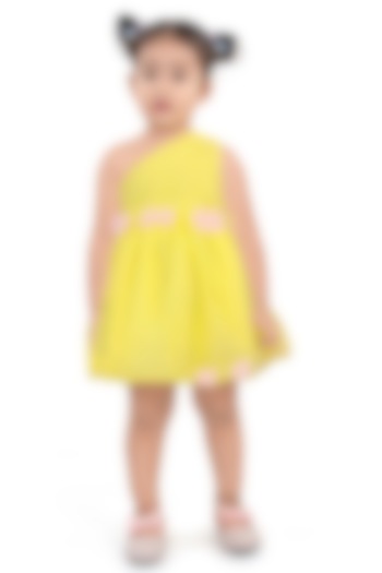 Yellow Net Embroidered One-Shoulder Dress For Girls by Pragya exclusive at Pernia's Pop Up Shop