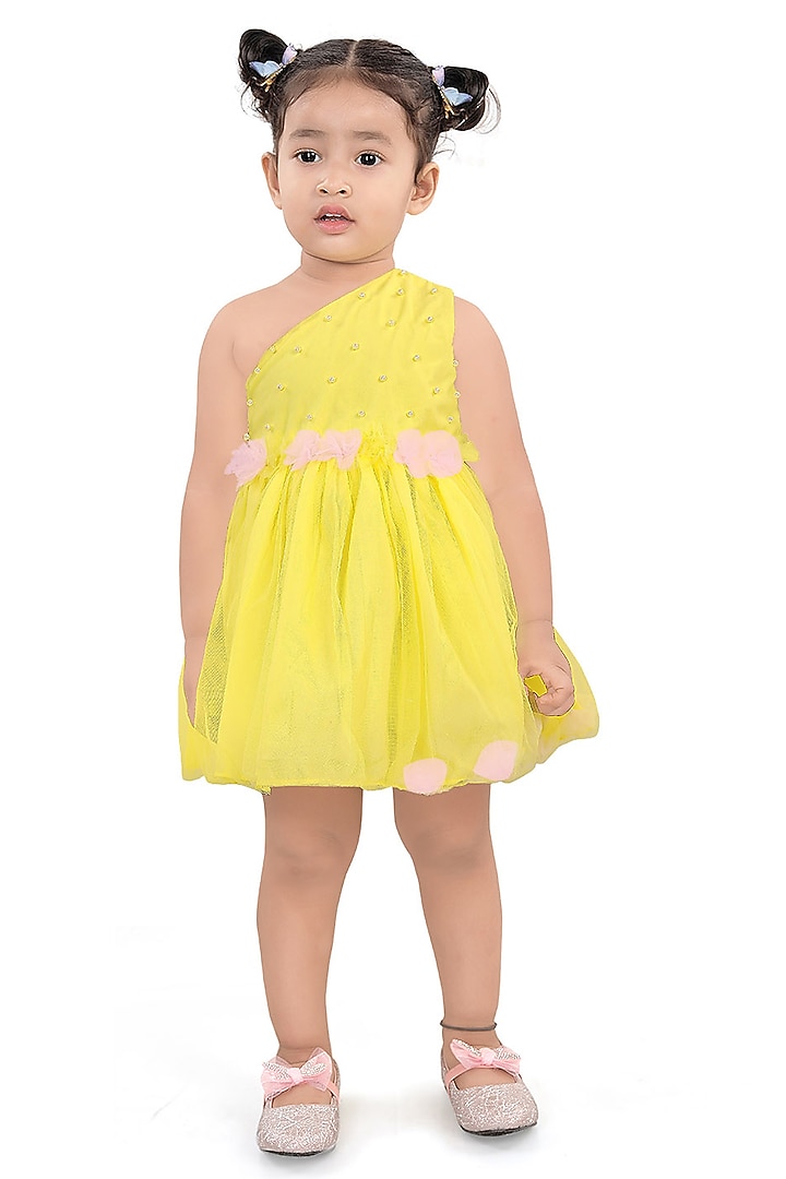 Yellow Net Embroidered One-Shoulder Dress For Girls by Pragya exclusive at Pernia's Pop Up Shop