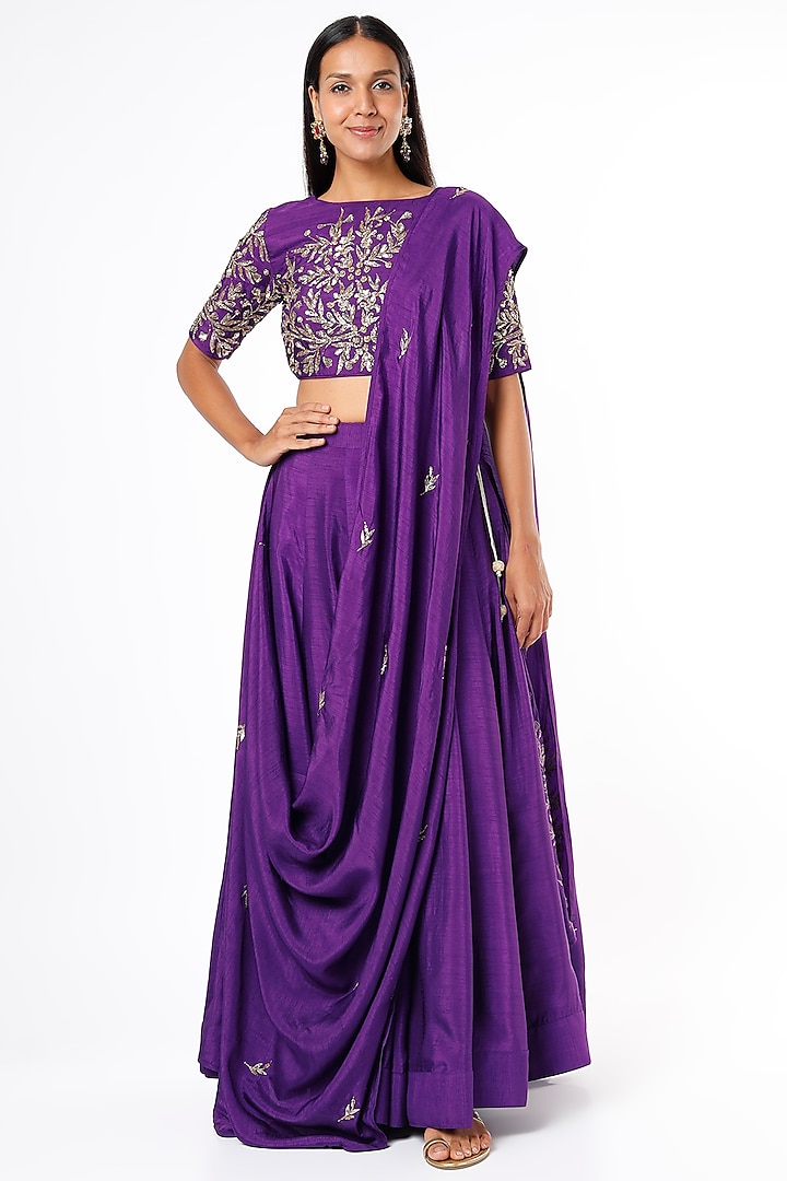 Purple Raw Silk Lehenga Set  by Prathyusha Garimella