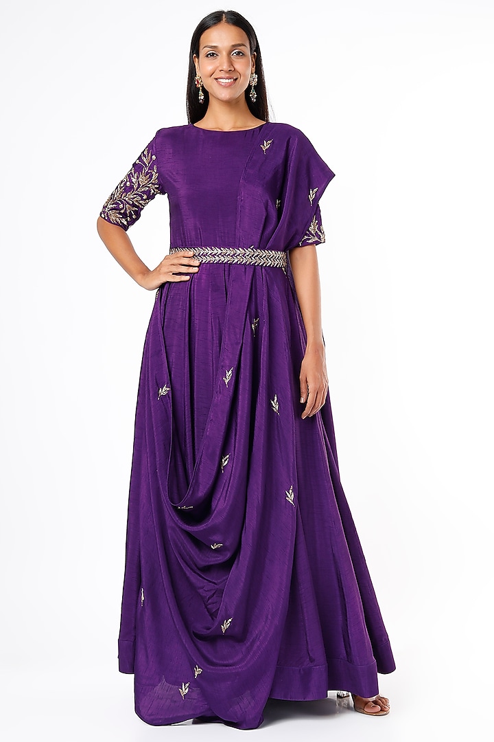 Purple Silk Draped Anarkali Set by Prathyusha Garimella