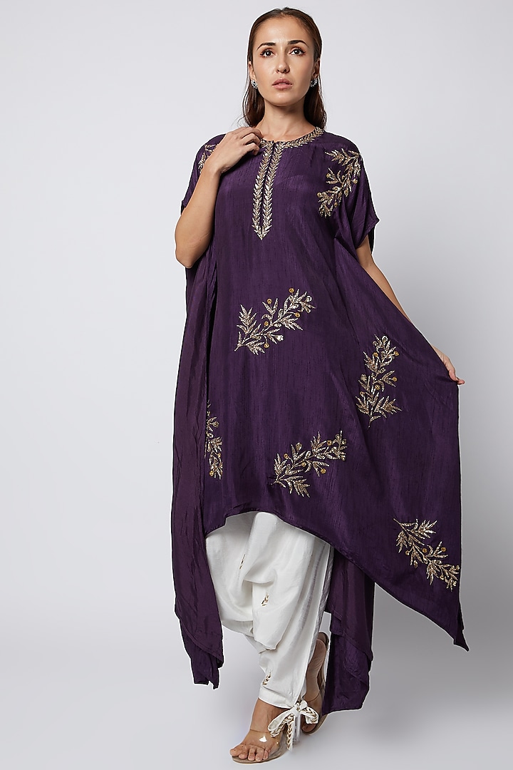 Purple Raw Silk Motifs Embroidered Kaftan Set by Prathyusha Garimella
