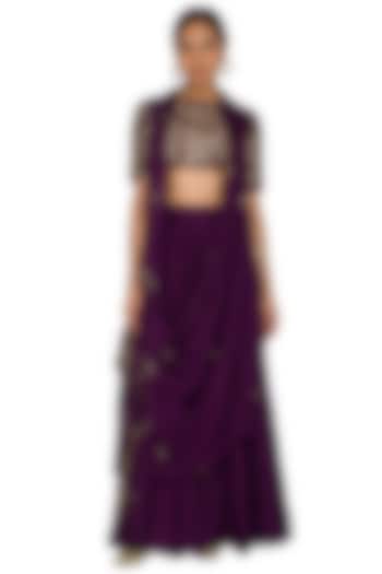Purple Embroidered Draped Cowl Crop Top With Skirt by Prathyusha Garimella