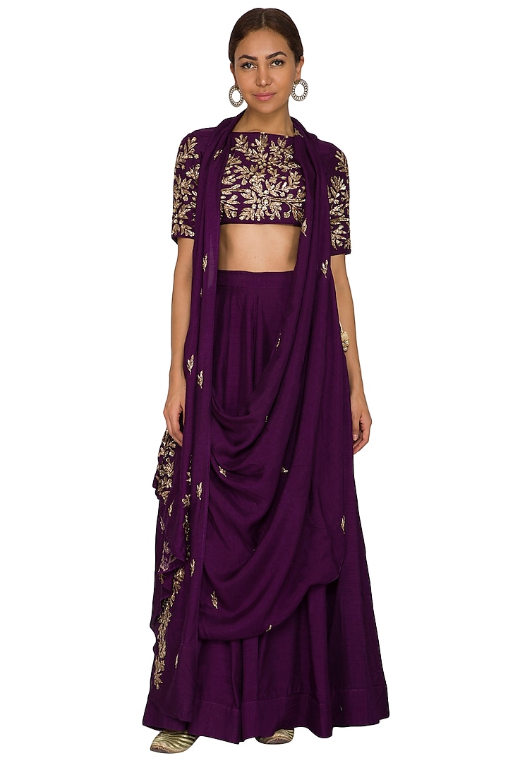 Purple Embroidered Draped Cowl Crop Top With Skirt by Prathyusha Garimella