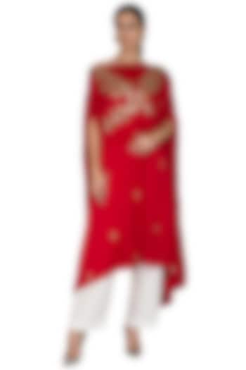 Red Embroidered Cape With Palazzo Pants by Prathyusha Garimella
