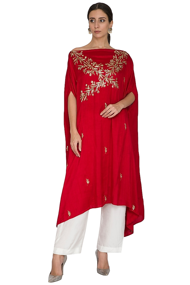 Red Embroidered Cape With Palazzo Pants by Prathyusha Garimella