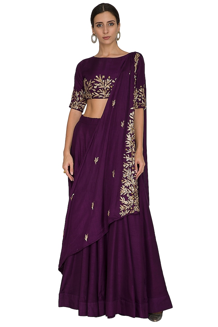 Purple Embroidered Draped Lehenga Skirt by Prathyusha Garimella