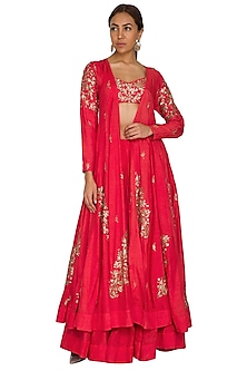 Red Embroidered Jacket Lehenga Set Design by at Pernia's Pop Up Shop 2024