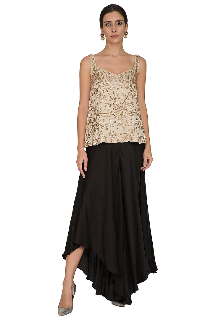Golden Embroidered Top With Black Palazzo Pants by Prathyusha Garimella
