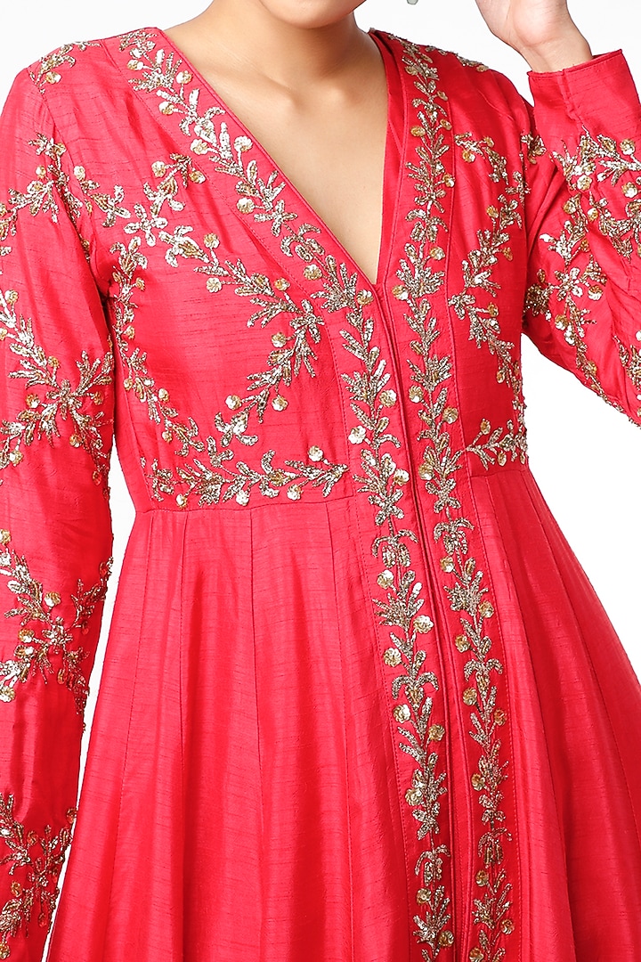 Red Wedding Anarkali Jacket Set by Prathyusha Garimella at Pernia's Pop Up Shop