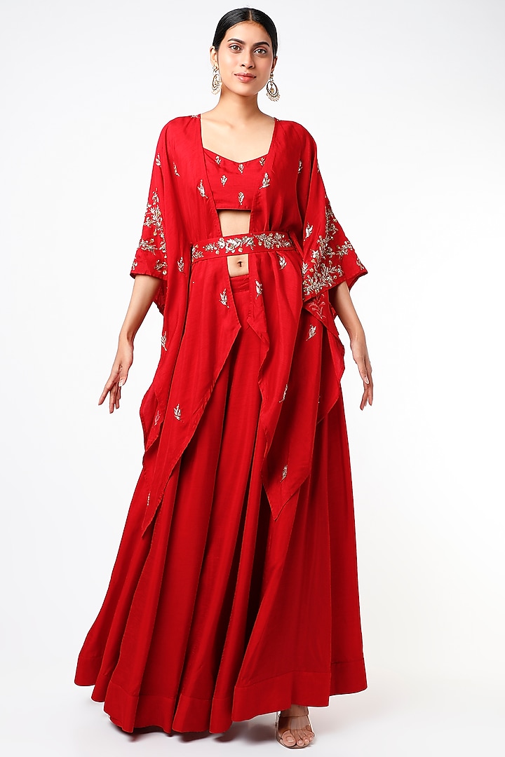 Red Raw Silk Skirt Set by Prathyusha Garimella
