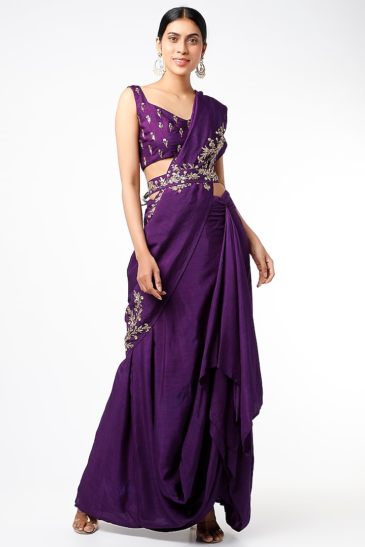 Purple Cowl Skirt Saree Set by Prathyusha Garimella