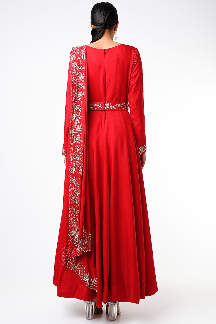 Red Cowl Draped Wedding Anarkali by Prathyusha Garimella at Pernia's Pop Up Shop