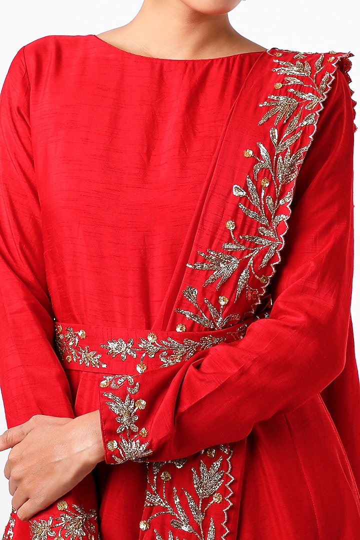 Red Cowl Draped Wedding Anarkali by Prathyusha Garimella at Pernia's Pop Up Shop