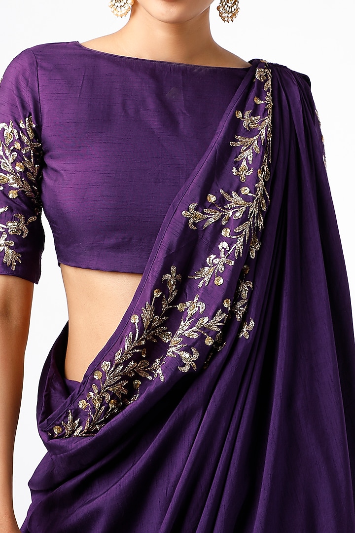 Purple Embroidered Pre-Stitched Wedding Saree Set by Prathyusha Garimella at Pernia's Pop Up Shop