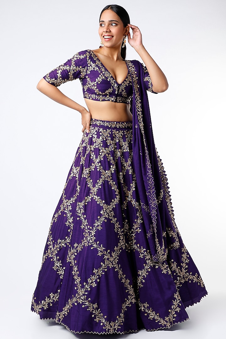 Purple Sequins Embroidered Lehenga Set by Prathyusha Garimella