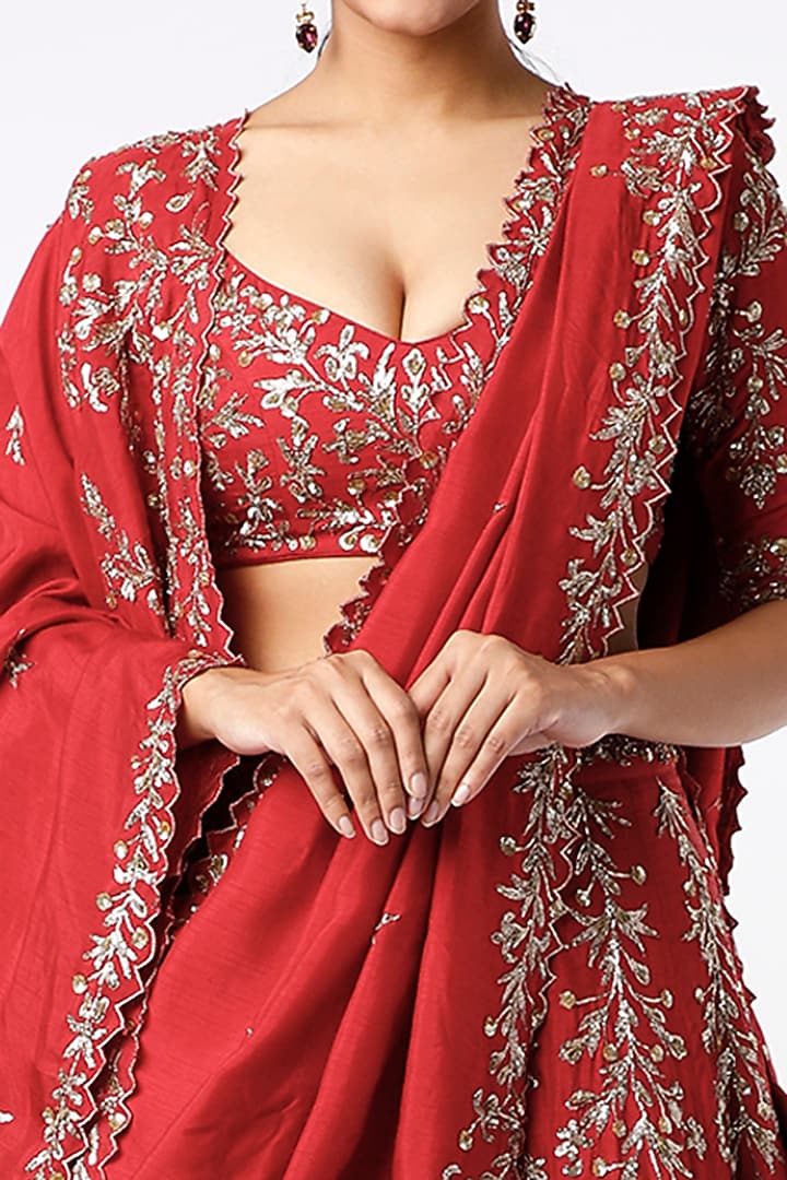 Red Zari Embroidered Bridal Lehenga Set by Prathyusha Garimella at Pernia's Pop Up Shop