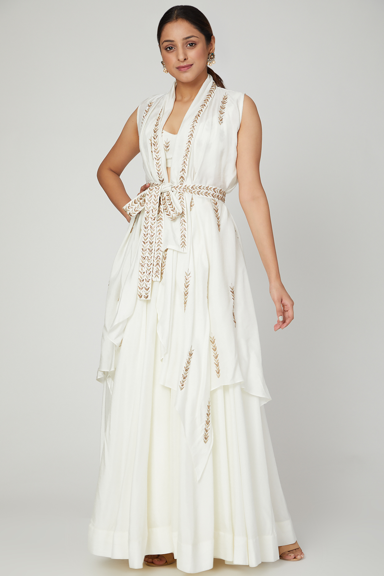 White Embroidered Wrap Jacket Set by Prathyusha Garimella