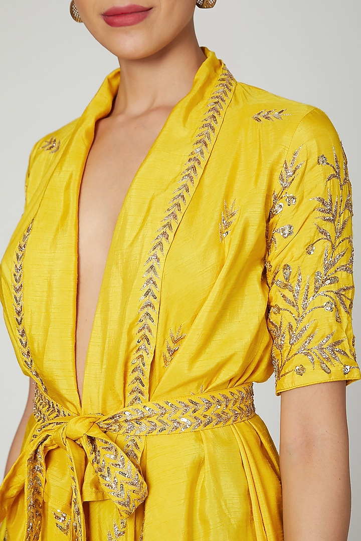 Mustard Embroidered Jacket Set by Prathyusha Garimella at Pernia's Pop Up Shop