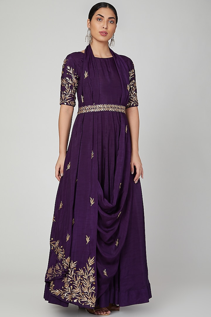 Purple Embroidered Draped Anarkali With Belt by Prathyusha Garimella