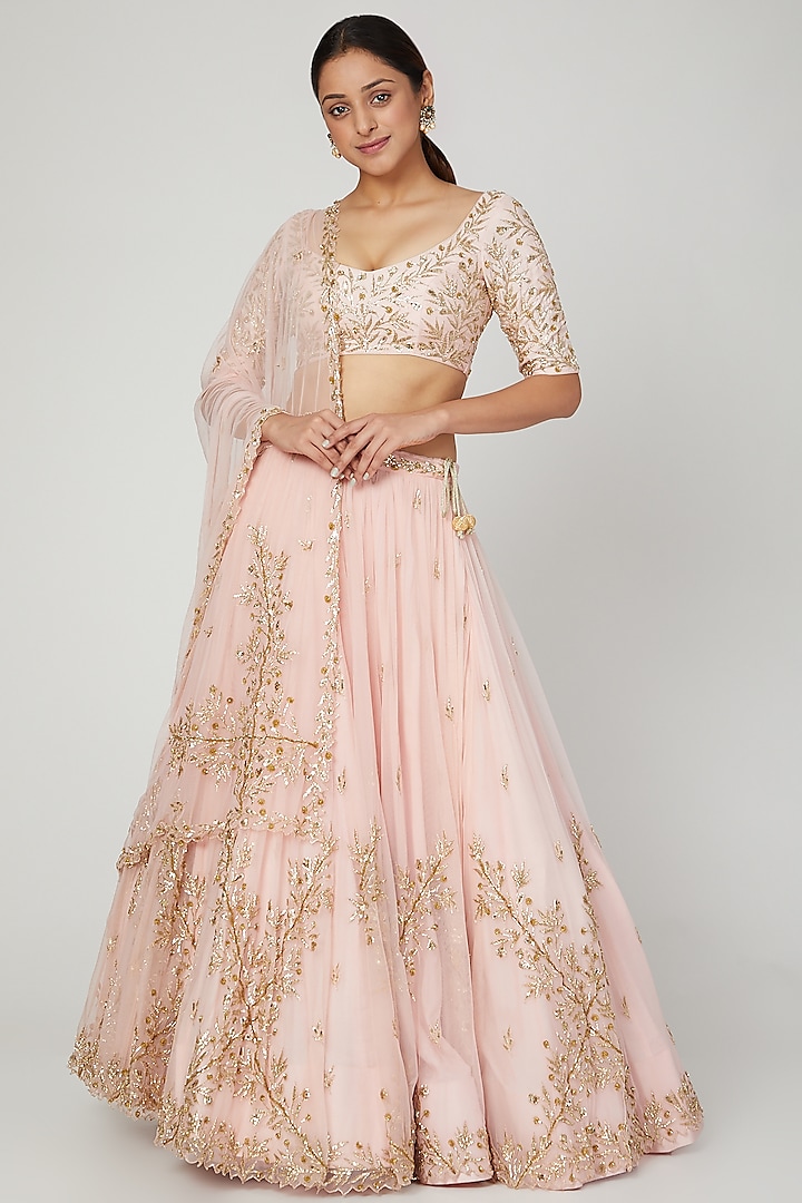 Peach Embroidered Bridal lehenga for 22 Lehenga Set by Prathyusha Garimella at Pernia's Pop Up Shop