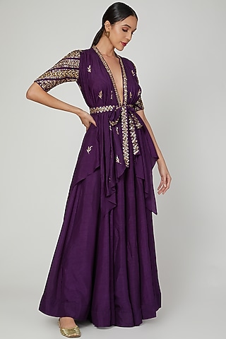 Purple Embroidered Jacket Lehenga Set by Prathyusha Garimella