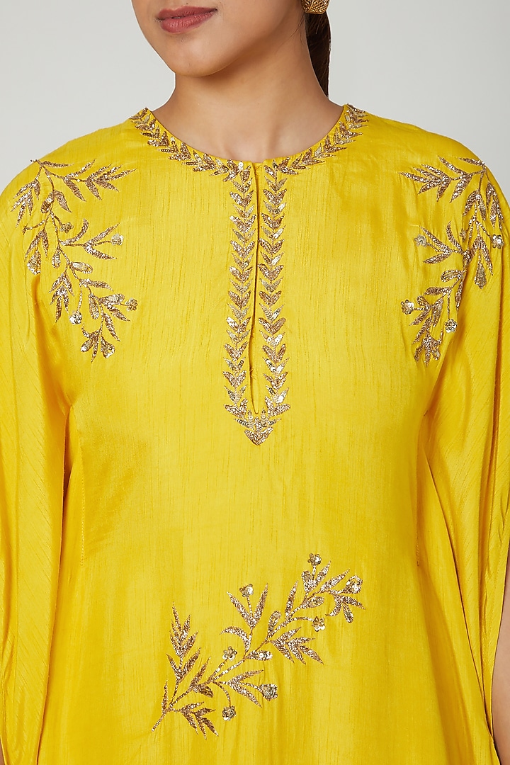 Mustard Embroidered Kaftan With Ivory Dhoti Pants by Prathyusha Garimella at Pernia's Pop Up Shop