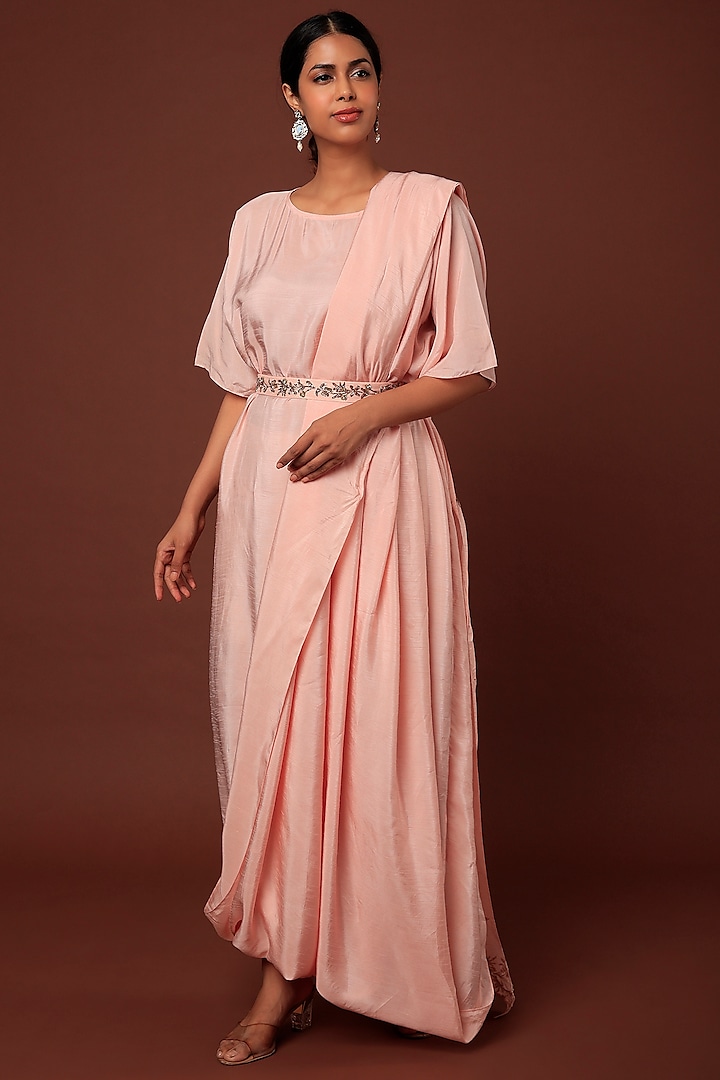 Pink Raw Silk Draped Dress by Prathyusha Garimella