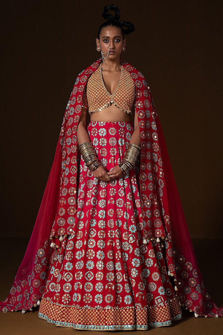 Fuchsia & Red Ombre Summer Silk Printed Wedding Lehenga Set by POOJA RAJGARHIA GUPTA at Pernia's Pop Up Shop