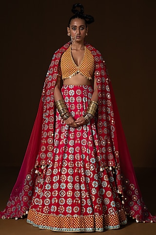 Fuchsia & Red Ombre Summer Silk Printed Lehenga Set by POOJA RAJGARHIA GUPTA